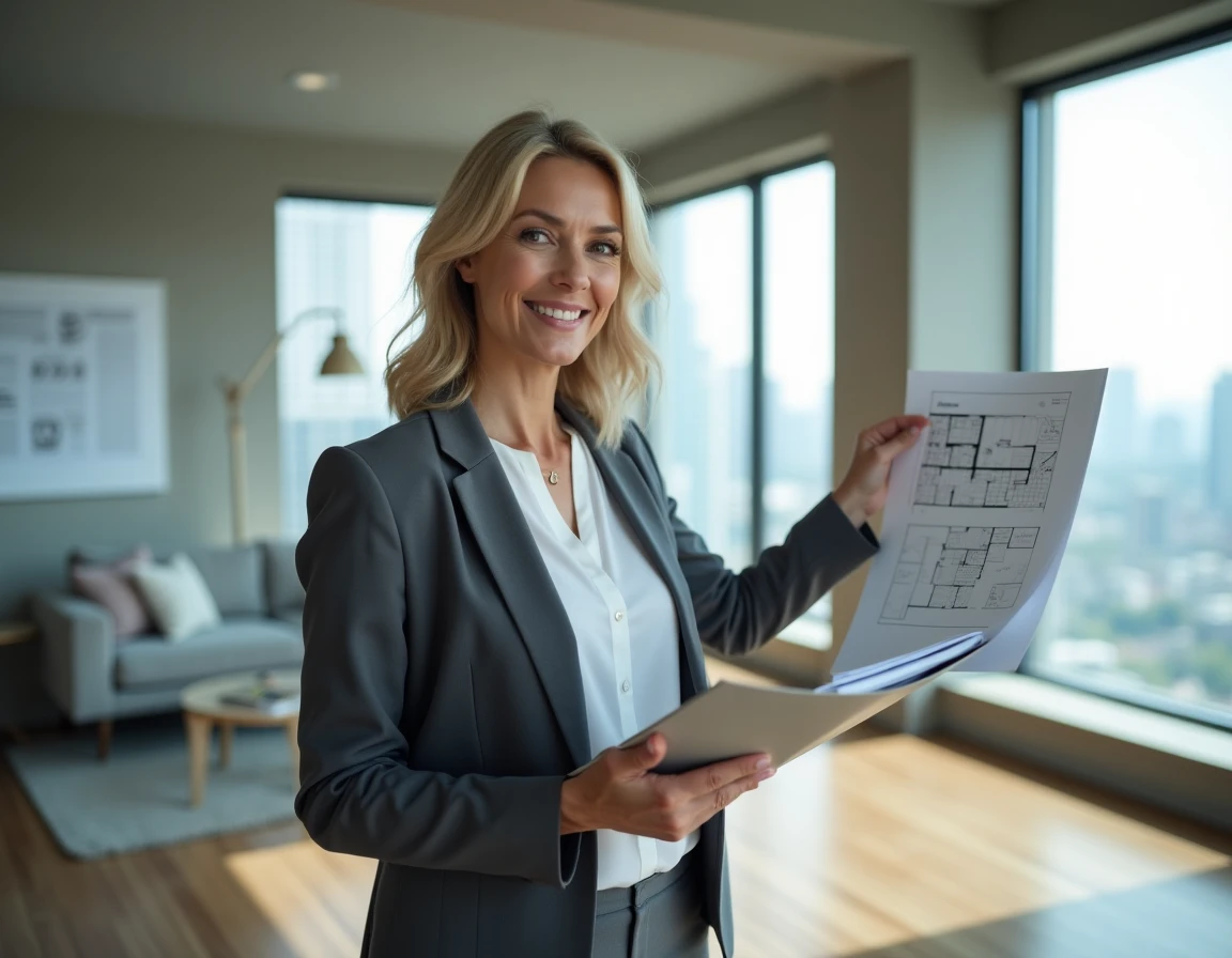 Agente immobilière présentant les types de baux disponibles pour un projet de coliving dans un appartement moderne