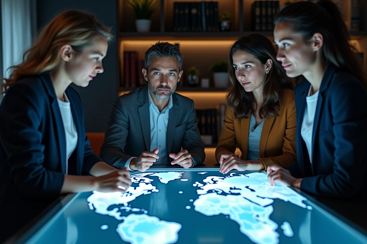 Groupe d'analystes discutant des enjeux géopolitiques mondiaux autour d'une carte interactive dans un centre de recherche