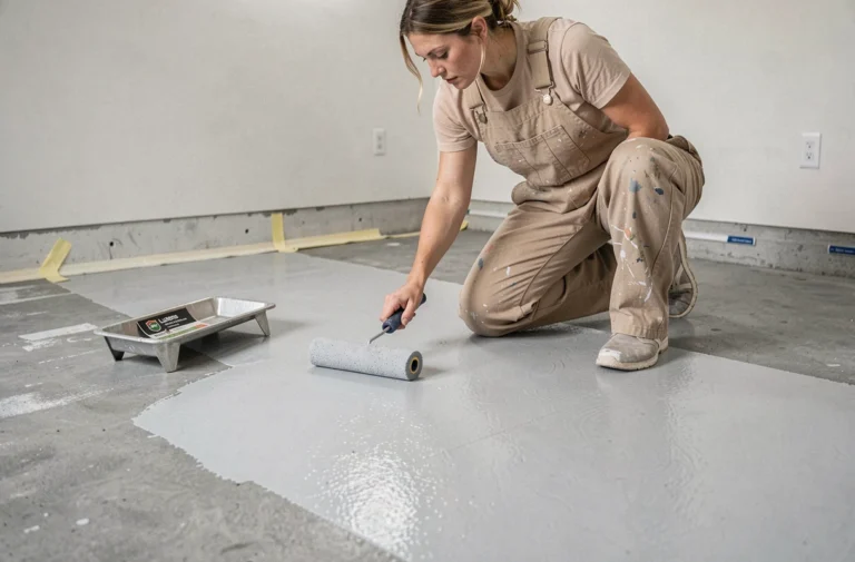 Femme appliquant de la peinture sol Luxens grise sur un sol en béton de garage avec un rouleau mousse