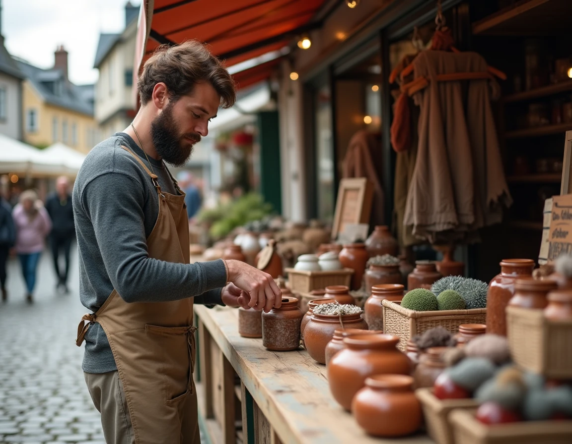Artisan breton arrangeant des produits équitables et locaux sur un stand de marché en plein air dans une place historique de Bretagne