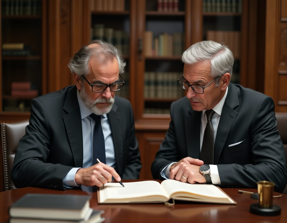 Deux avocats spécialisés en droit des affaires consultant un dossier juridique dans une étude notariale traditionnelle