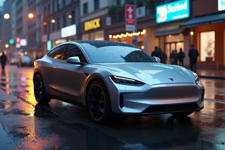 Berline électrique 2024 garée dans une rue urbaine mouillée au crépuscule, reflétant les néons de la ville sur sa carrosserie métallique argentée