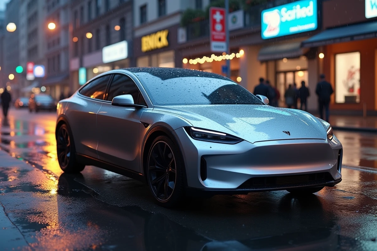 Berline électrique 2024 garée dans une rue urbaine mouillée au crépuscule, reflétant les néons de la ville sur sa carrosserie métallique argentée