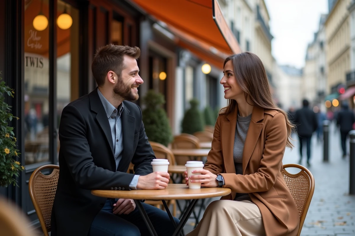 Jeune couple discutant au café parisien en automne