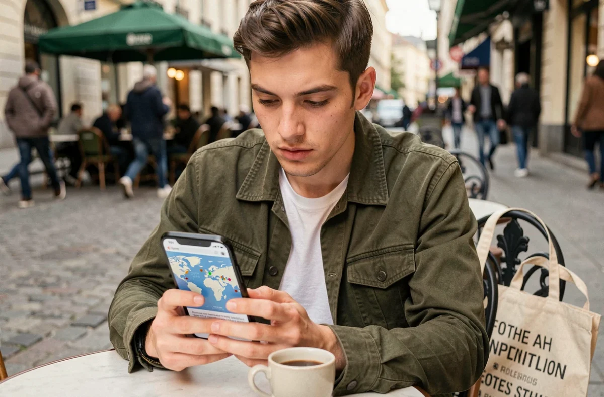 Jeune homme consultant une campagne mondiale de pétitions citoyennes sur son smartphone dans un café en plein air