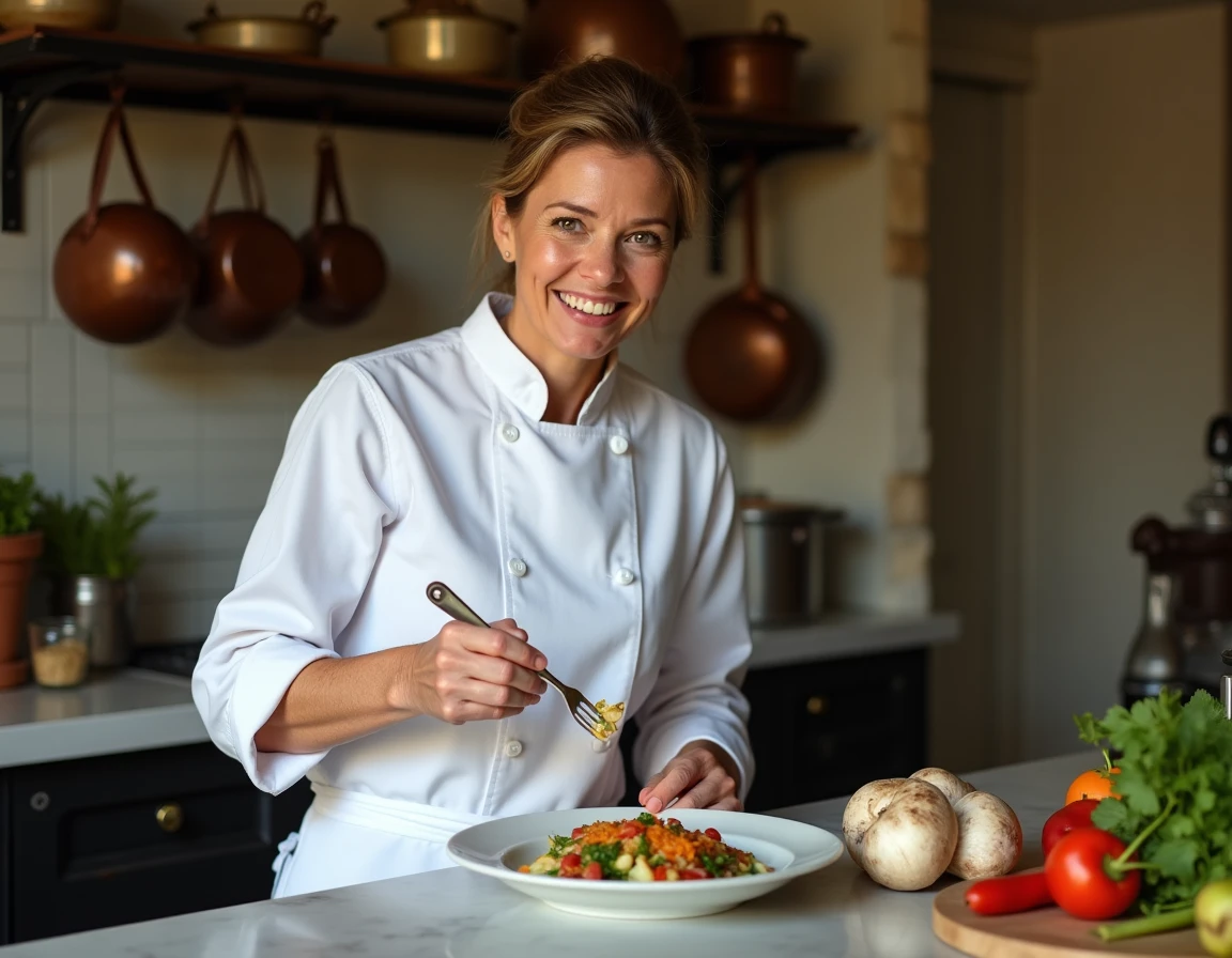 Cheffe cuisinière en train de dresser une assiette gastronomique dans la cuisine d'une auberge traditionnelle en Puisaye
