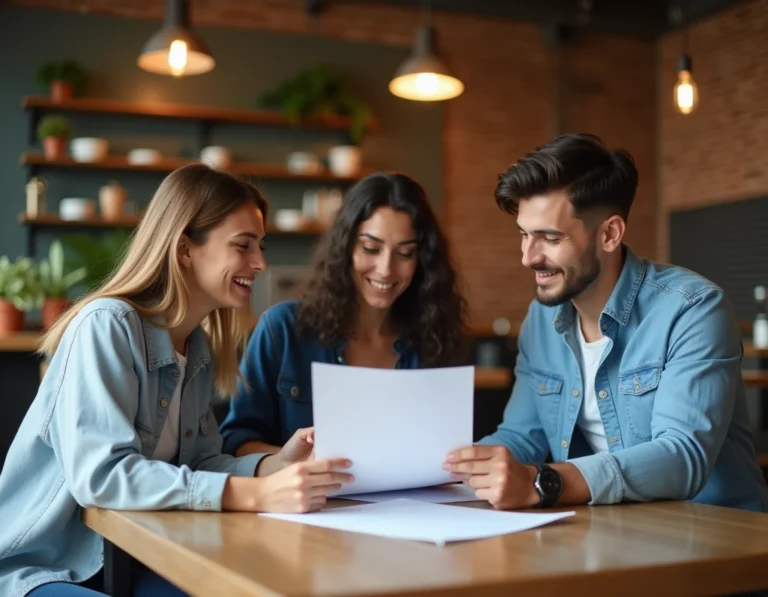 Trois colocataires signant un bail de coliving autour d'une table en bois dans un espace commun moderne