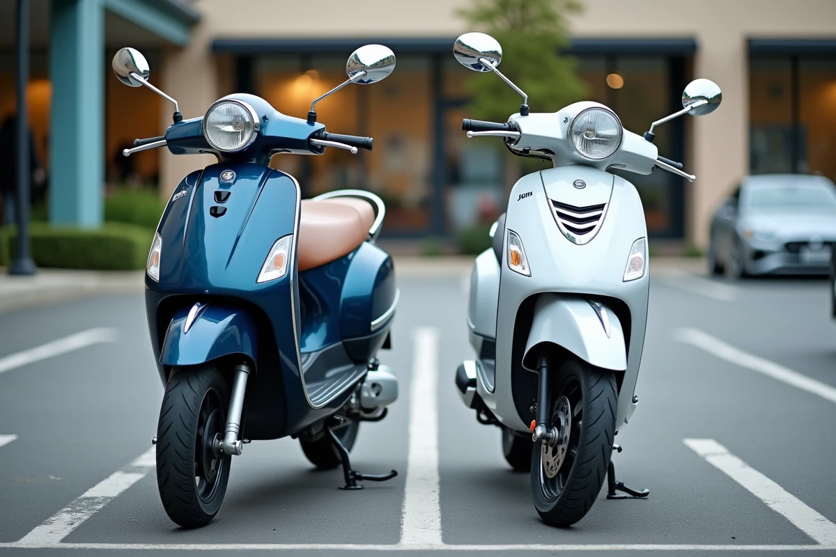 Comparaison de deux scooters adultes de tailles différentes garés côte à côte pour illustrer les dimensions et la longueur