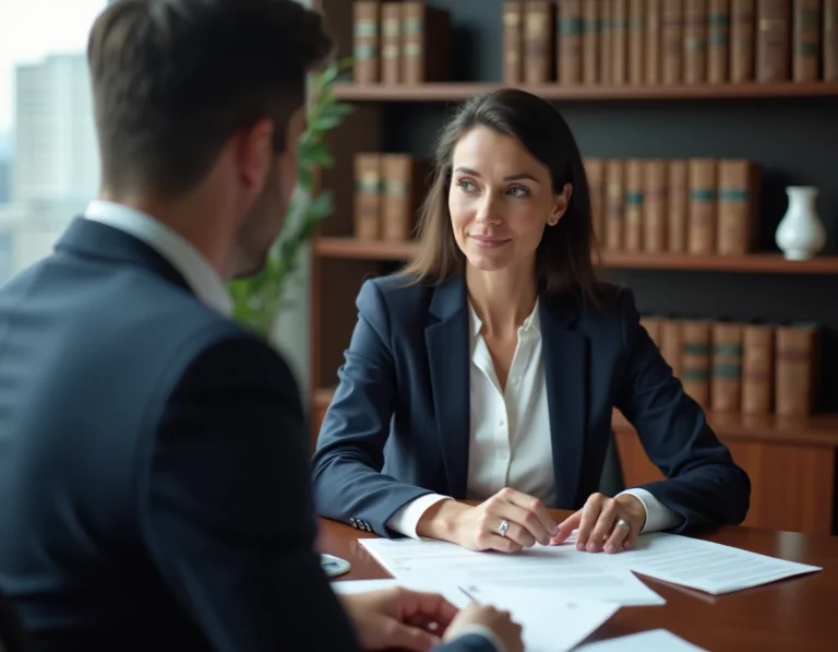 Avocate conseil en droit des affaires discutant avec un entrepreneur autour de documents juridiques dans un cabinet moderne
