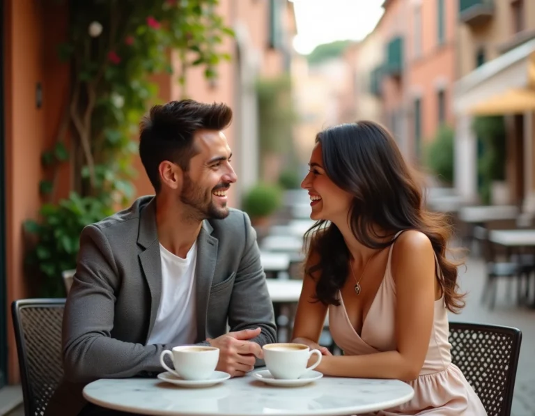 Couple élégant riant ensemble à une terrasse de café méditerranéen, évoquant la vie privée et la complicité de Jorge Lorenzo et sa partenaire