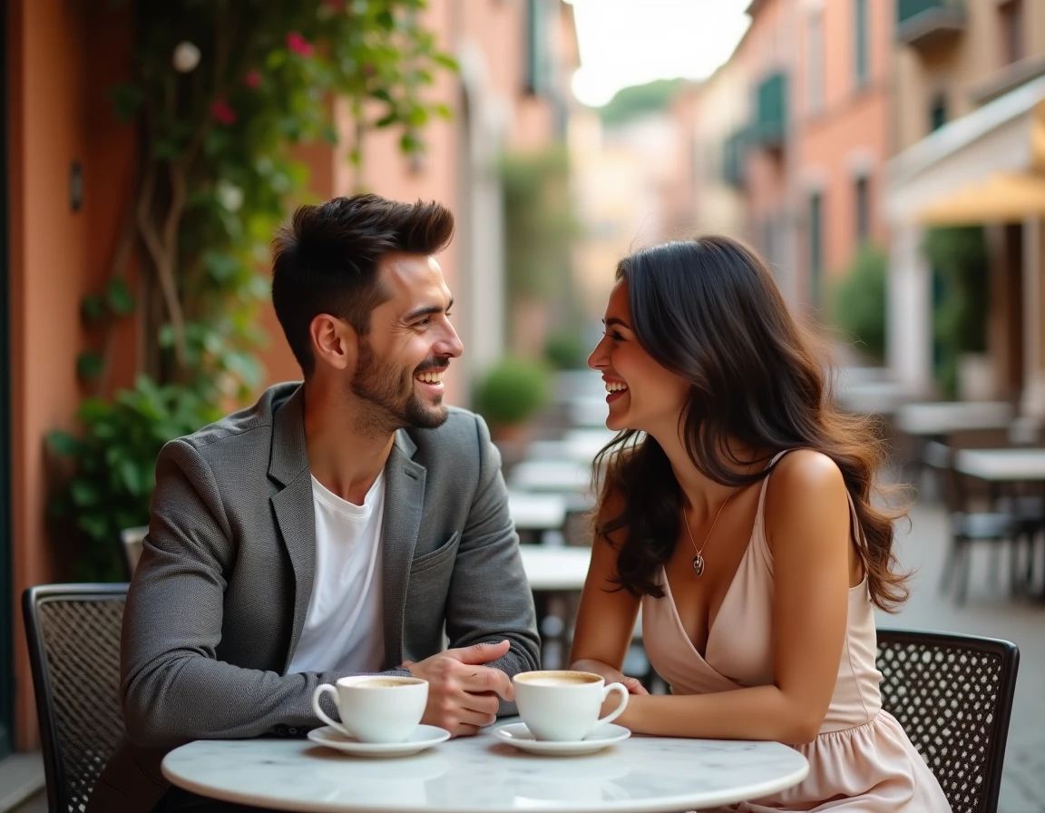 Couple élégant riant ensemble à une terrasse de café méditerranéen, évoquant la vie privée et la complicité de Jorge Lorenzo et sa partenaire