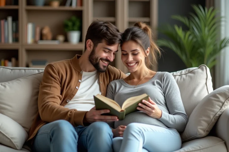 Couple enceinte souriant sur un canapé cosy