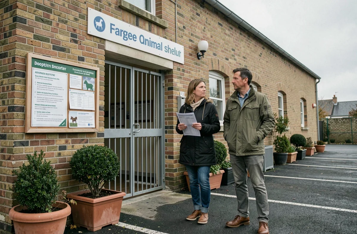 Couple devant l'entrée d'un refuge SPA consultant une liste de conditions d'adoption