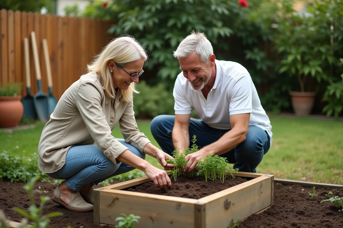 Couple entretenant un potager surélevé dans leur jardin lors d'une session de jardinage domestique