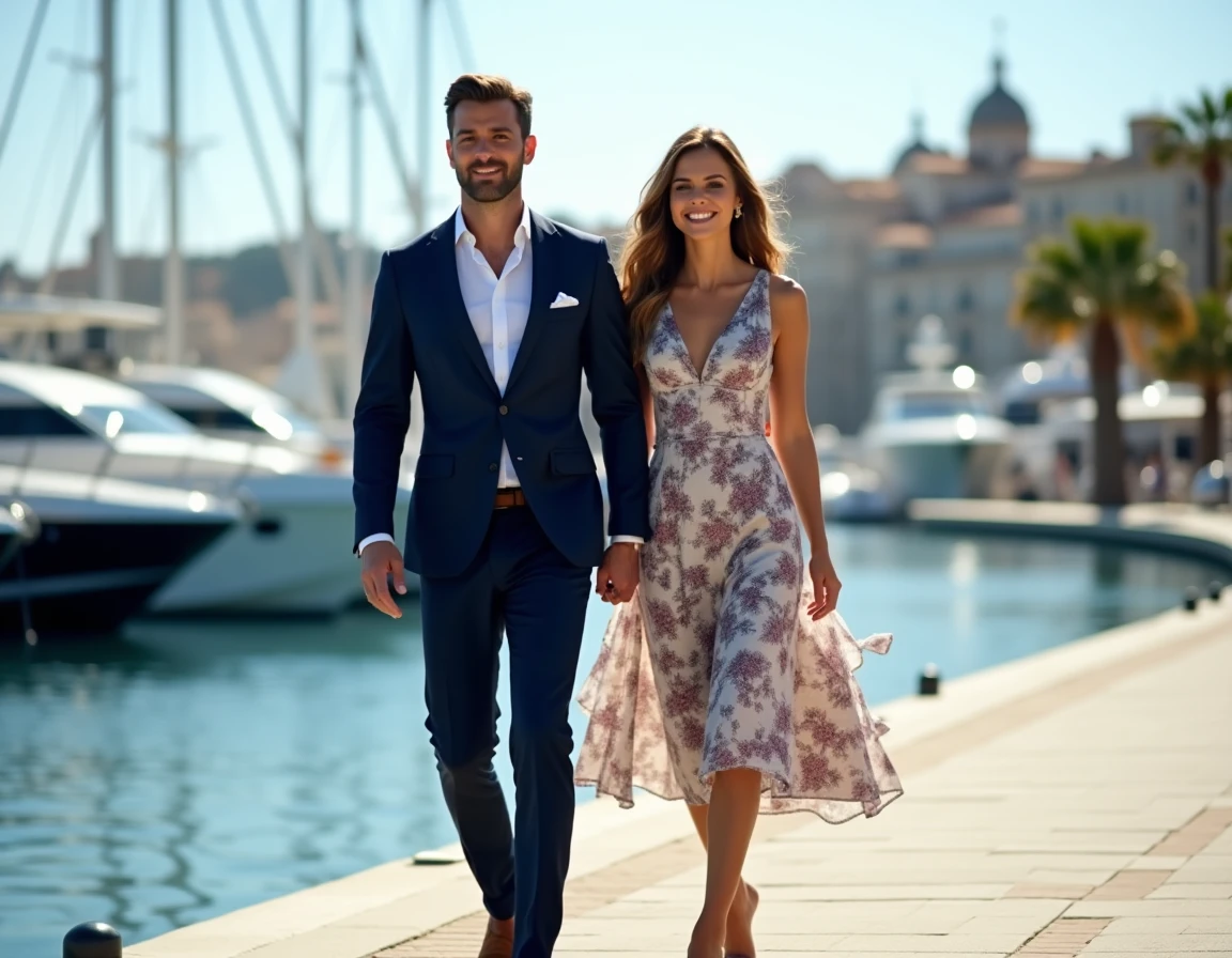 Couple chic se promenant le long d'une marina luxueuse, reflétant le style de vie et la relation privée de Jorge Lorenzo et sa partenaire