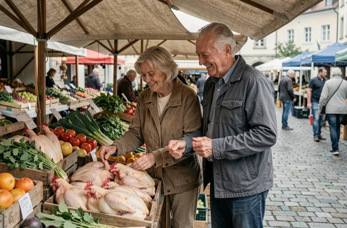 Couple de seniors choisissant du poulet frais au marché, alimentation équilibrée et bien-être après 60 ans