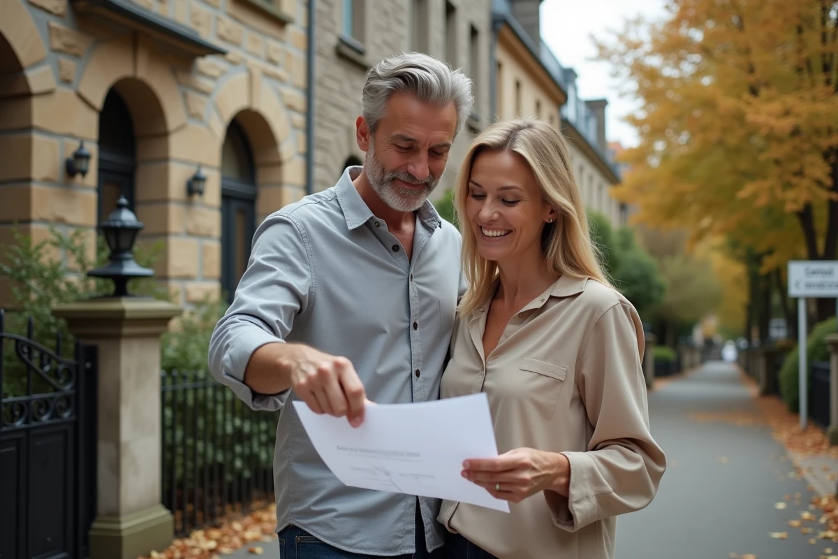 Couple visitant un bien immobilier à vendre dans une rue résidentielle paisible en automne