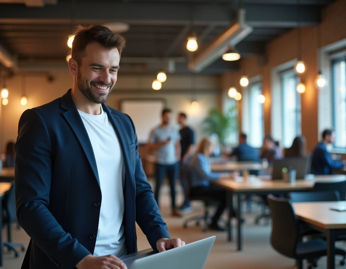 Créateur de contenu masculin travaillant sur un ordinateur portable dans un espace de coworking urbain