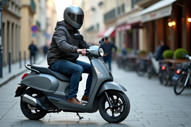 Homme adulte assis sur un scooter urbain de profil dans une rue européenne, montrant les dimensions et la longueur totale du scooter