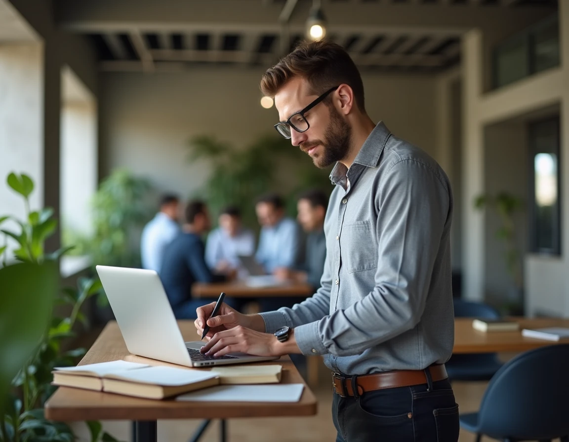 Entrepreneur consultant un contrat juridique sur ordinateur dans un espace de coworking moderne