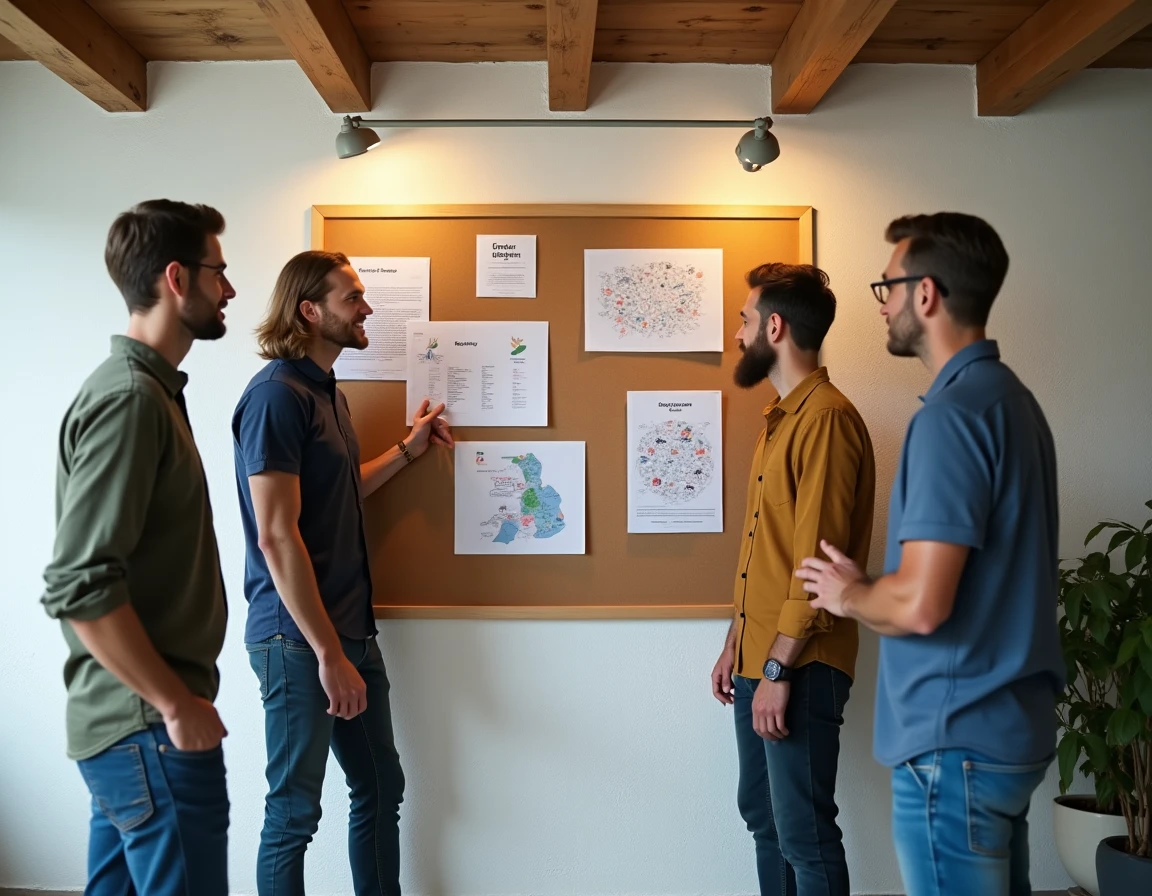Équipe de professionnels engagés analysant des rapports d'impact et une carte de Bretagne dans un bureau responsable aux murs en pierre