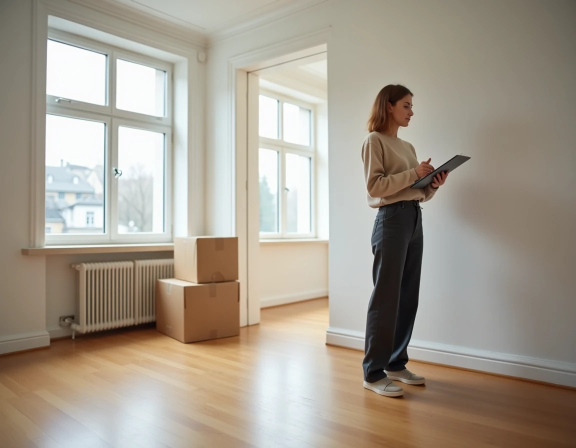 Jeune femme effectuant l'état des lieux d'un appartement vide avec un clipboard lors d'une location immobilière