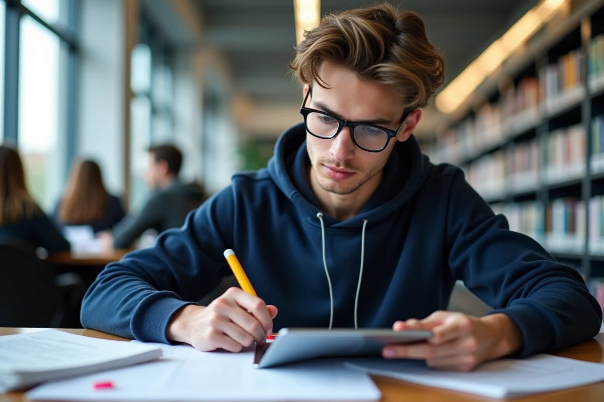 Étudiant consultant des documents universitaires et un portail de candidature en ligne dans une bibliothèque
