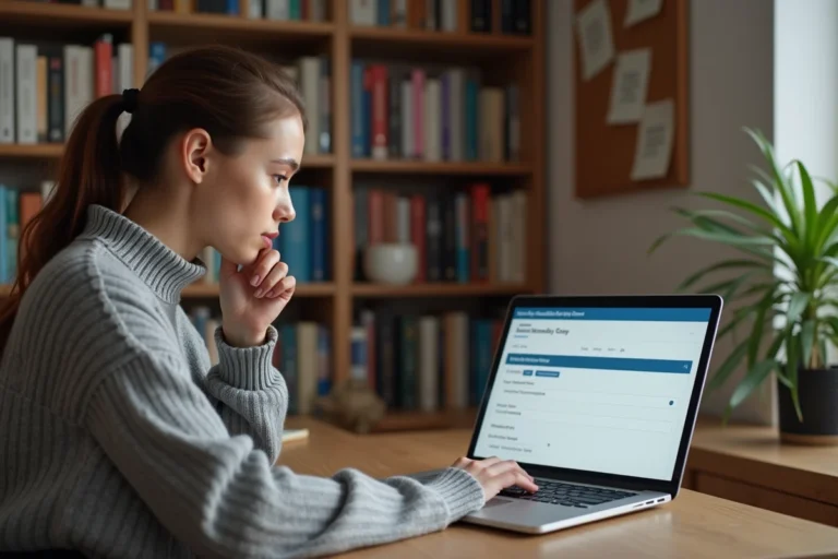 Étudiante déposant sa candidature en ligne sur un portail universitaire depuis son bureau à domicile