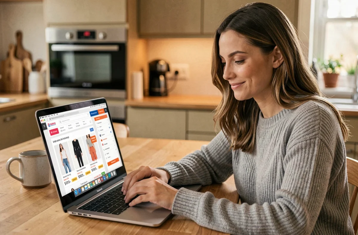 Femme comparant des offres en ligne sur son ordinateur portable dans une cuisine moderne pour optimiser ses achats
