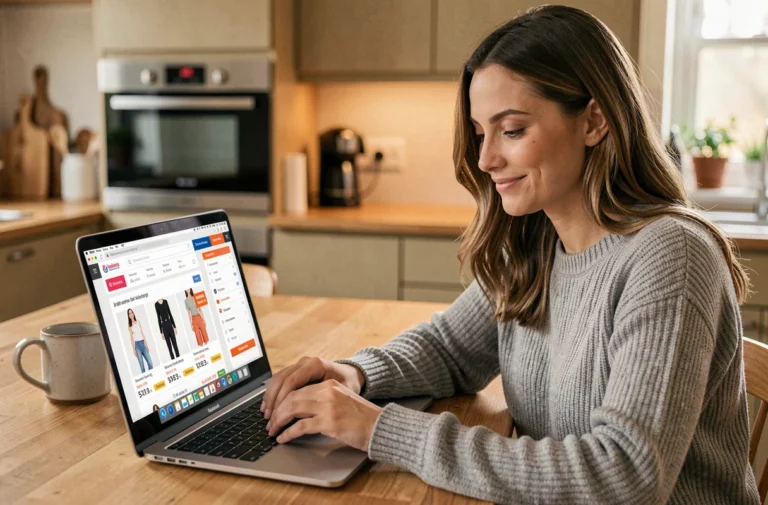Femme comparant des offres en ligne sur son ordinateur portable dans une cuisine moderne pour optimiser ses achats