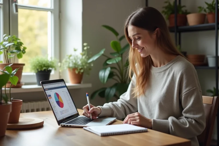 Femme concentrée à son bureau avec ordinateur et graphique