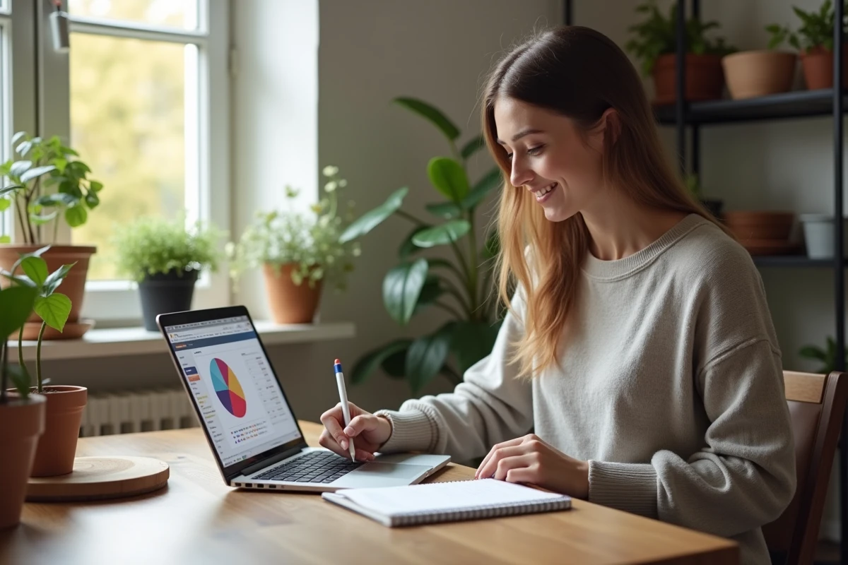 Femme concentrée à son bureau avec ordinateur et graphique