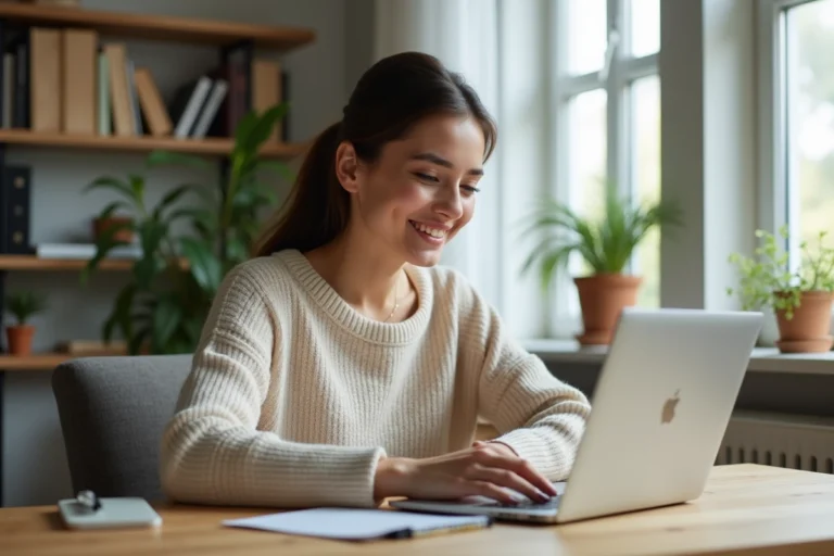 Jeune femme en bureau moderne utilisant un ordinateur portable
