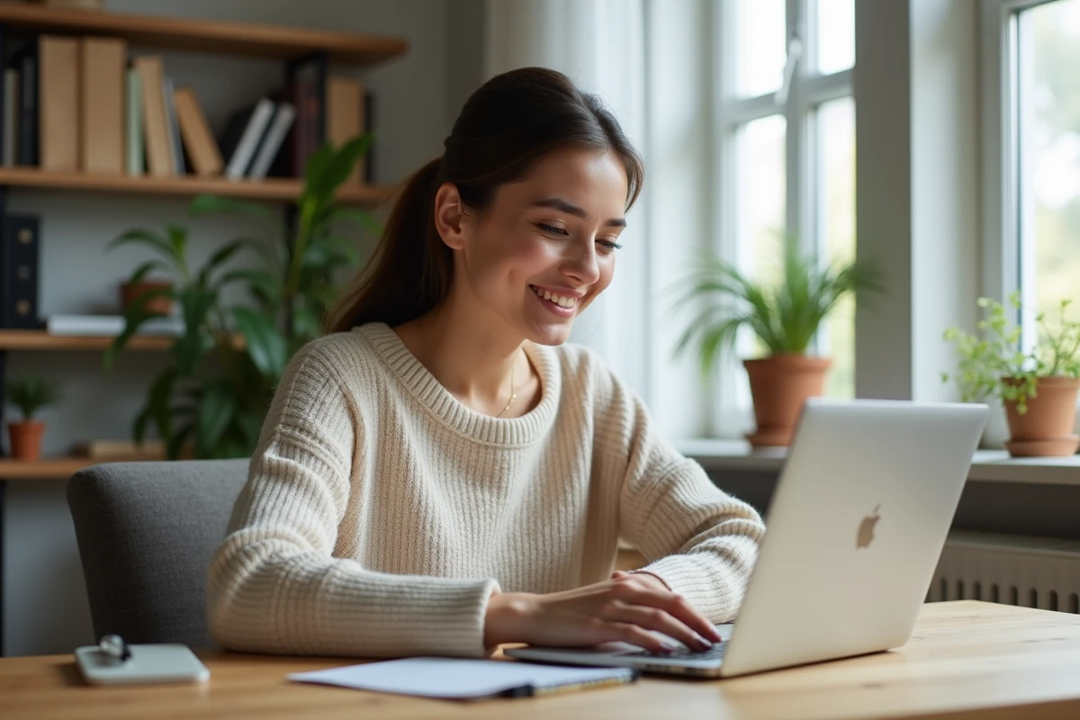 Jeune femme en bureau moderne utilisant un ordinateur portable