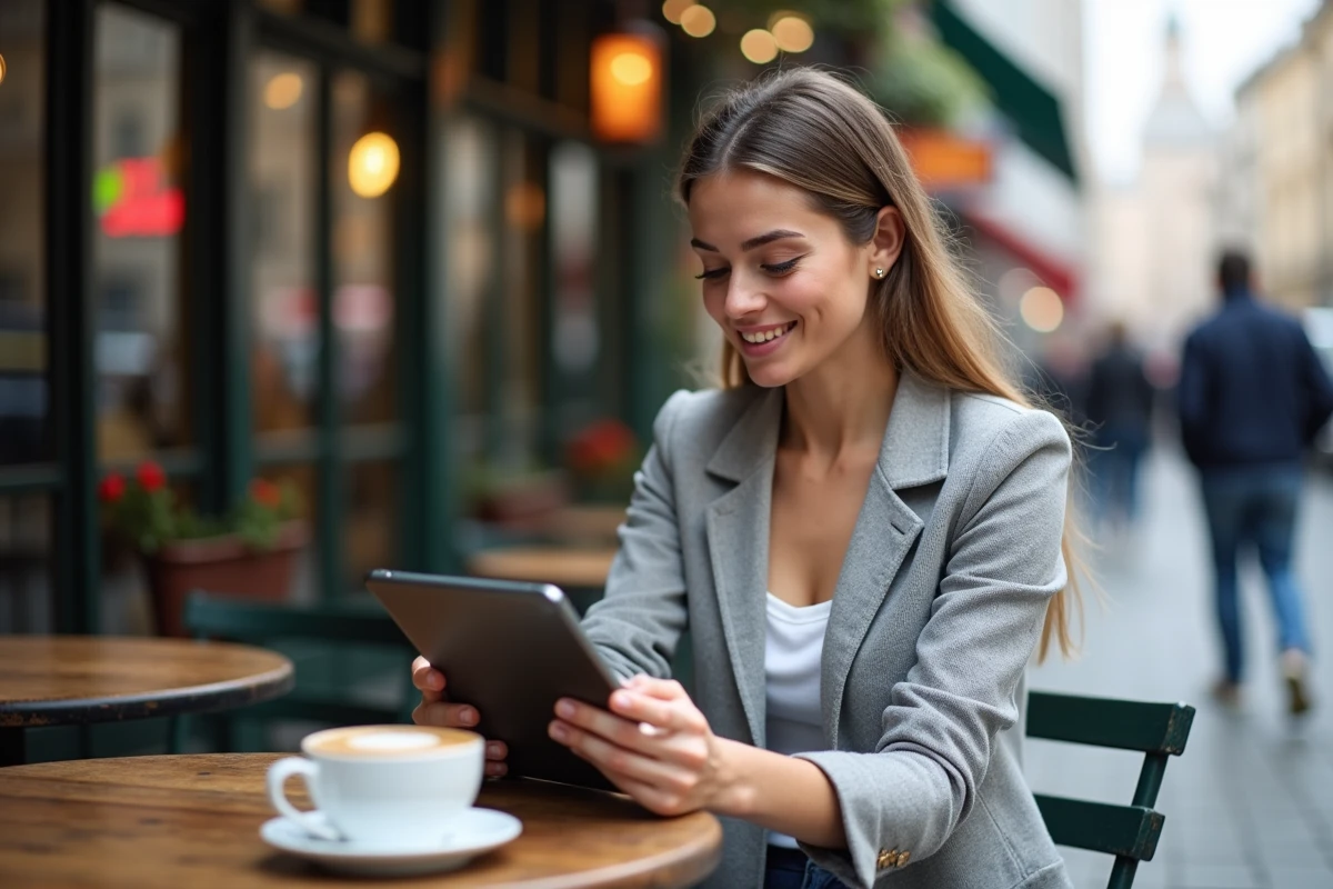 Jeune femme au café utilisant une tablette pour suivre l