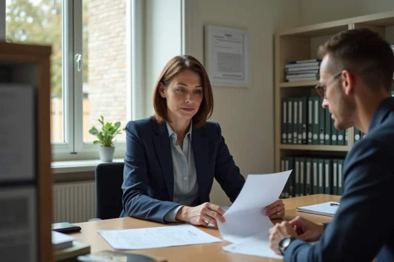 Une femme discute de sa demande de subvention de 400 euros avec un agent municipal dans une mairie française