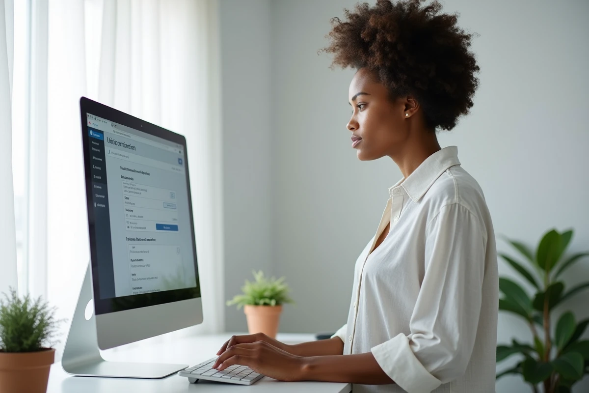 Femme téléchargeant ses documents pour une candidature universitaire en ligne depuis son appartement