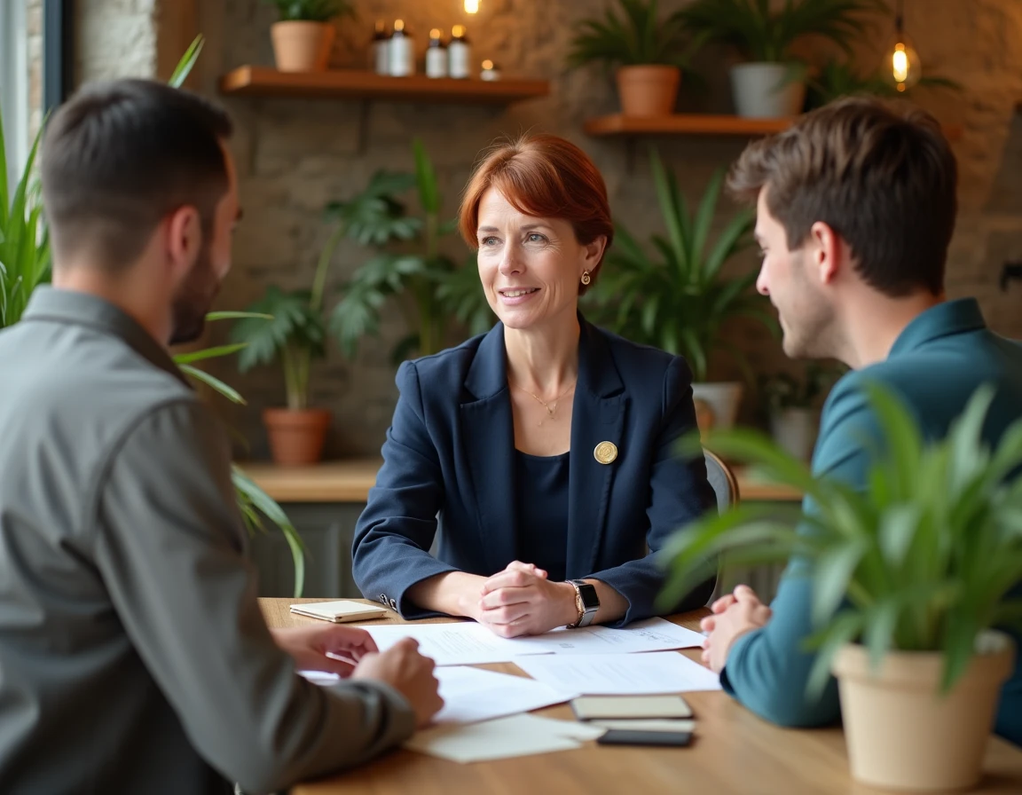 Femme entrepreneur bretonne discutant de projets responsables dans un espace de coworking en pierre avec des collègues autour d'une table en bois