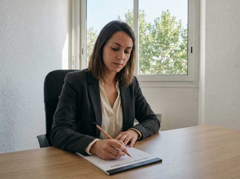 Femme en tenue professionnelle préparant une évaluation psychotechnique