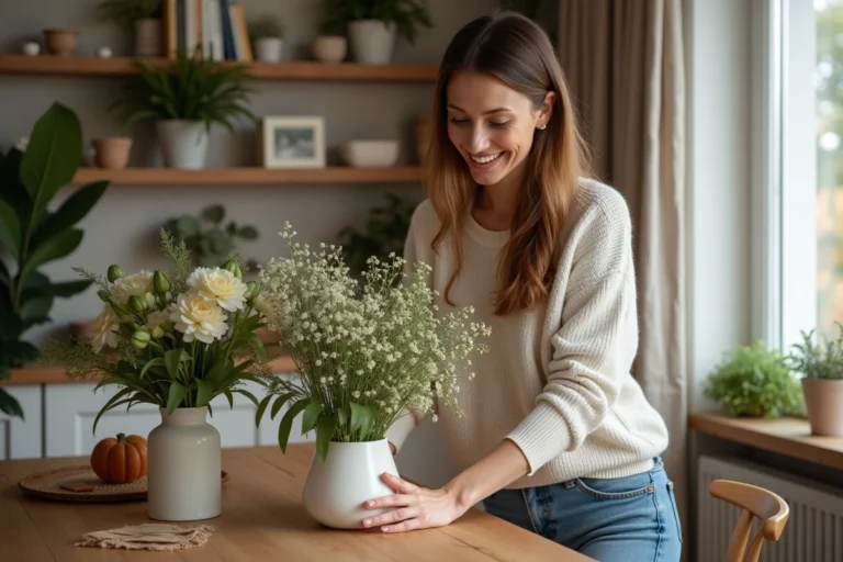 Femme arrangeant des fleurs dans un vase en cuisine