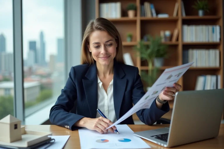 Femme professionnelle en blazer marine examinant des documents immobiliers dans un bureau moderne avec vue sur la ville