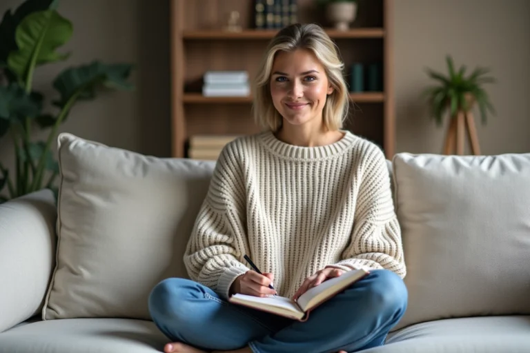 Femme en train de journaliser dans un salon paisible