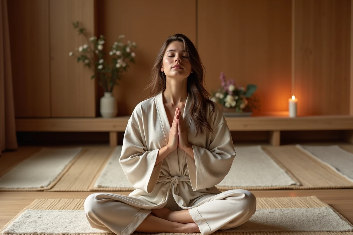 Jeune femme méditant dans un studio zen à Paris