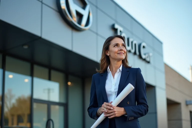 Femme professionnelle avec blueprint devant concession automobile