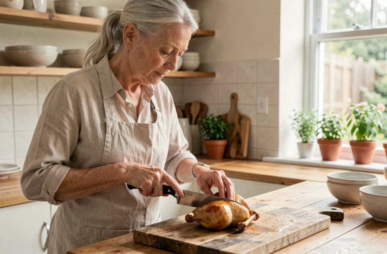 Femme senior préparant du poulet rôti dans une cuisine familiale, alimentation saine après 60 ans
