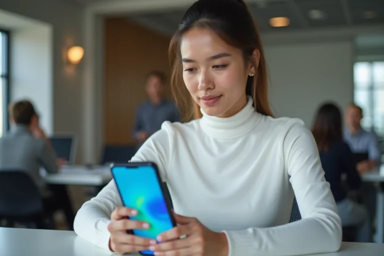 Femme utilisant un smartphone pliable dans un bureau high-tech moderne, tendances technologiques 2024