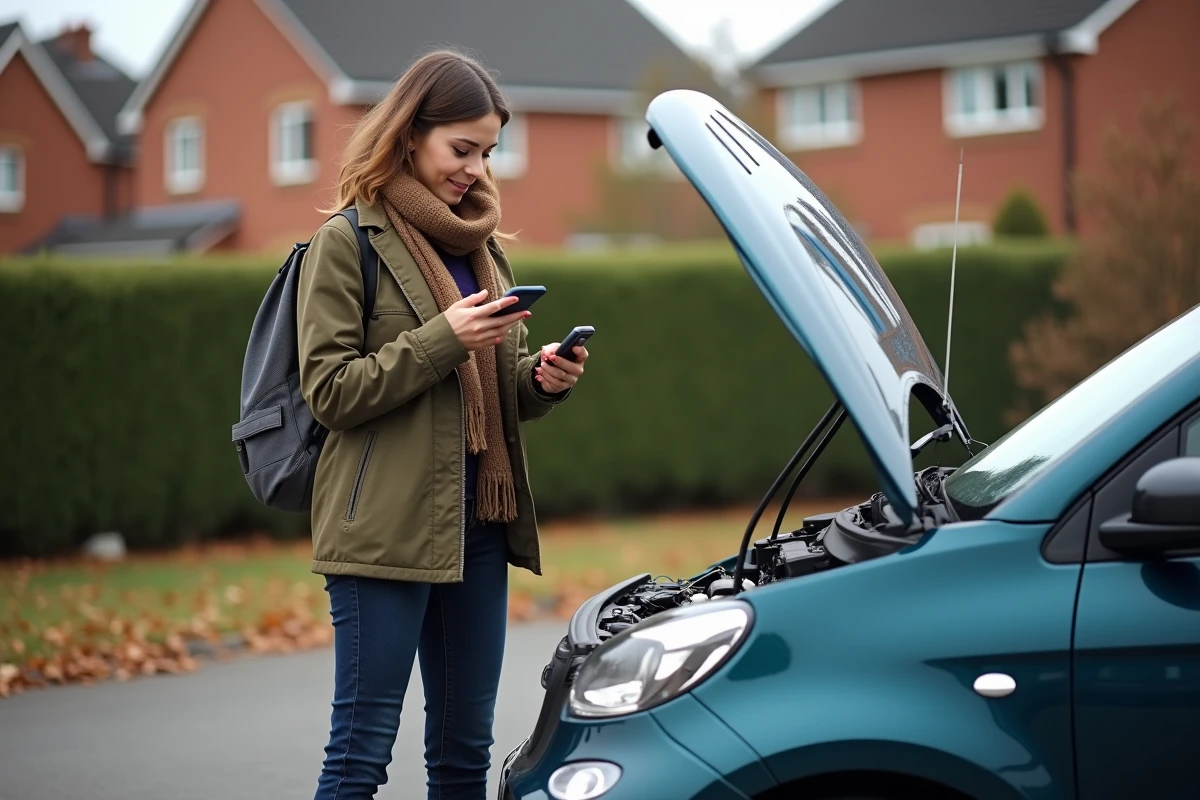 Jeune femme vérifiant le moteur de sa voiture en extérieur