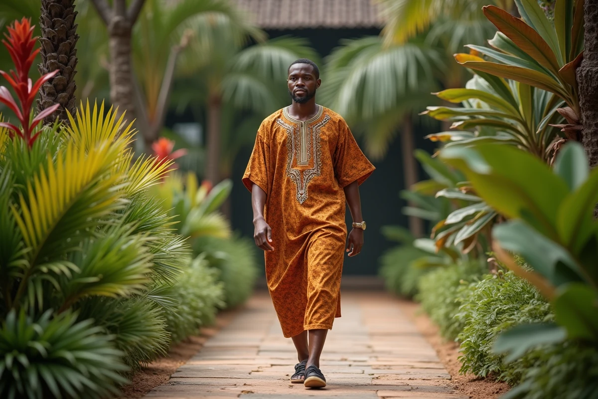 Homme africain en boubou dans un jardin tropical