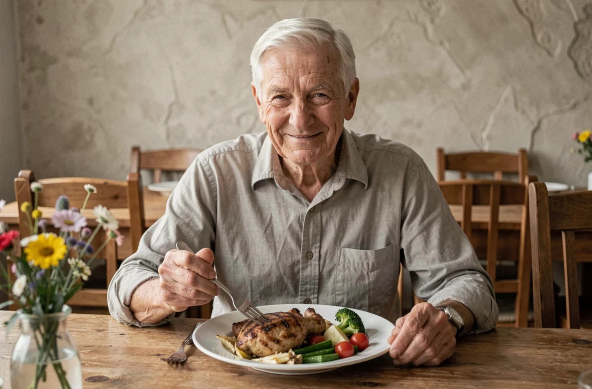 Homme âgé dégustant un repas de poulet grillé et légumes, nutrition et santé pour les seniors