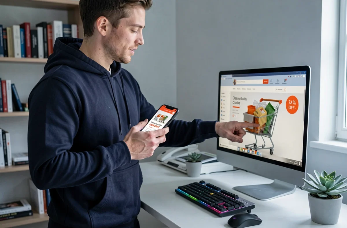 Homme utilisant un code promo sur smartphone et ordinateur de bureau pour profiter des meilleures offres shopping en ligne